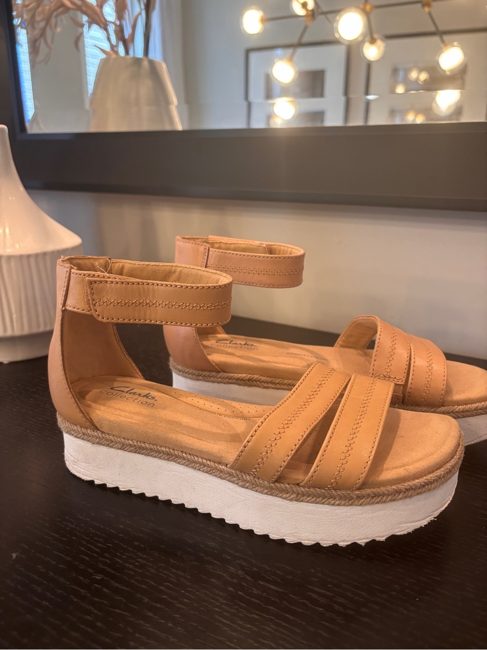Clarks Tan Platform Sandal with Ankle Strap
